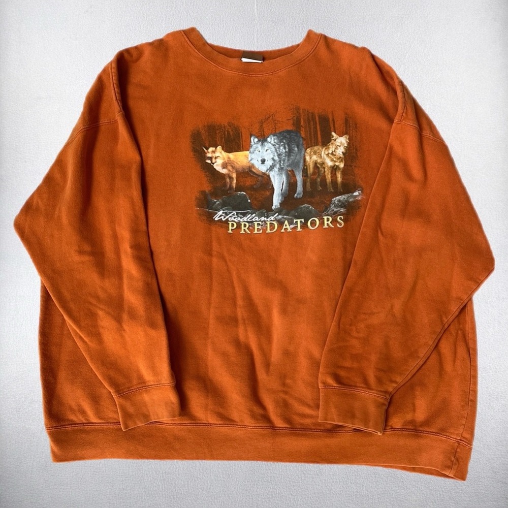 Vintage American Outdoors Sweatshirt Mens 4XL Orange Woodland Predators Wolf Fox